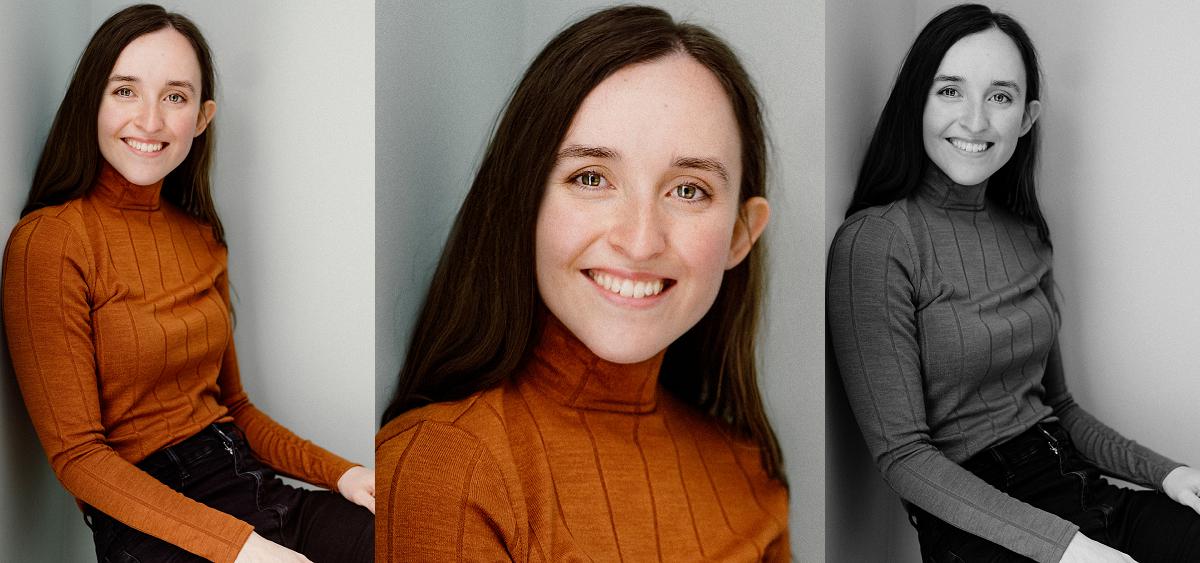 smiling author headshots orange jumper