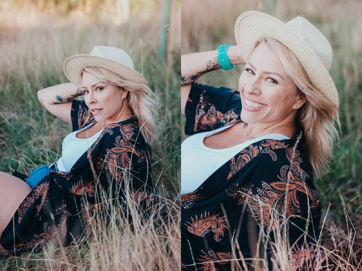 blonde older woman in meadow