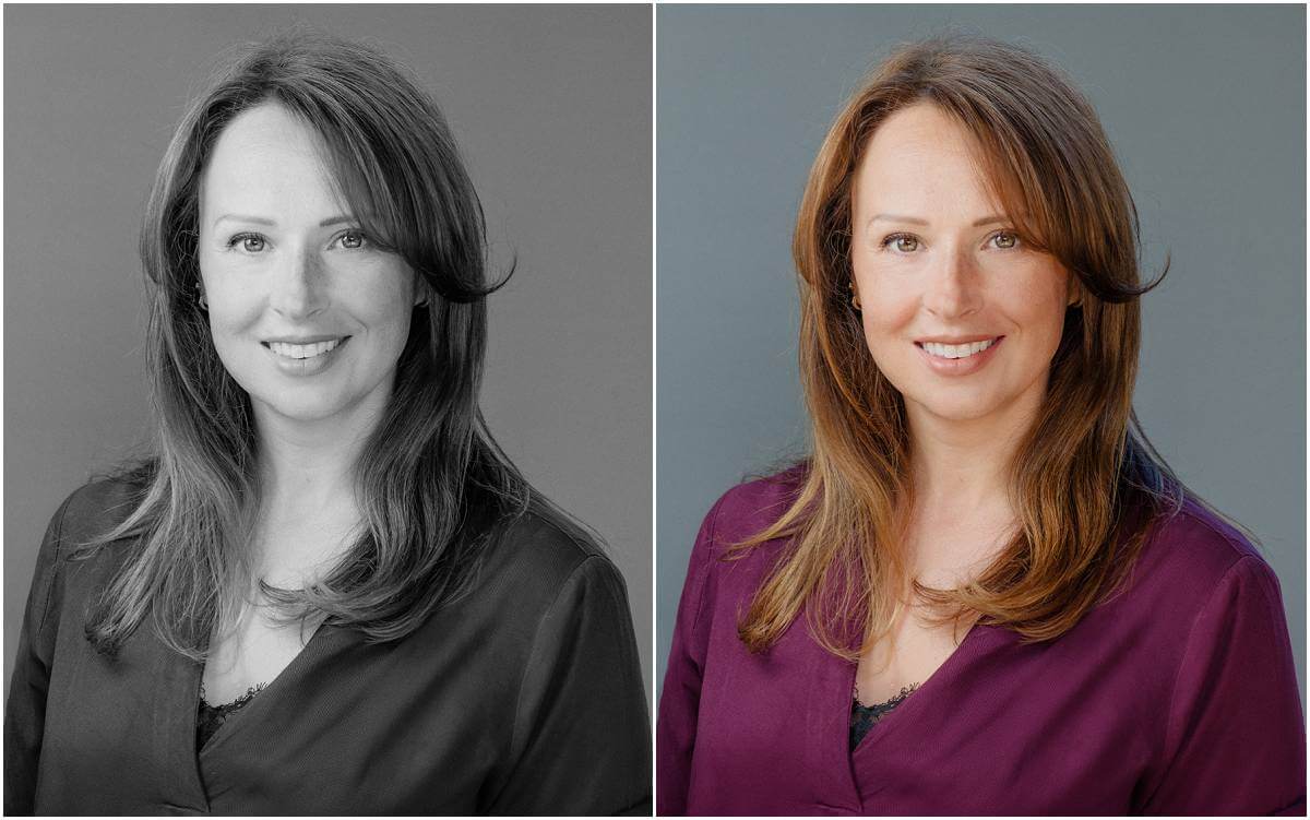 Professional doctor in maroon blouse for corporate headshot.