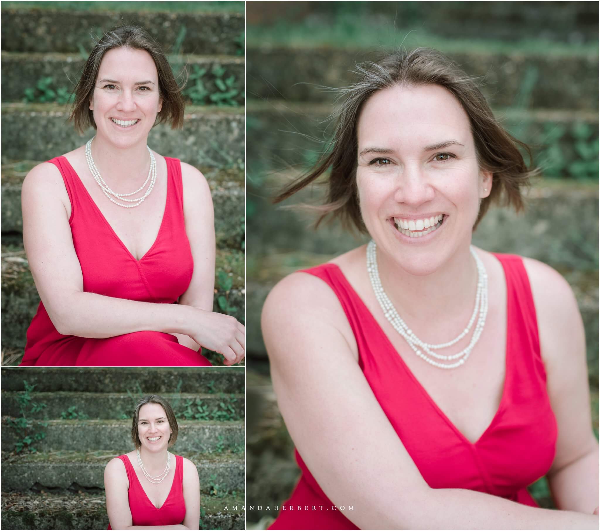 great big grin on coach for branding photos in red dress