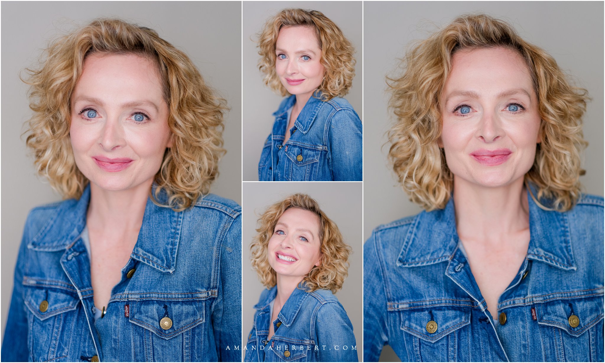 blonde famale actor wears denimin jacket and grins