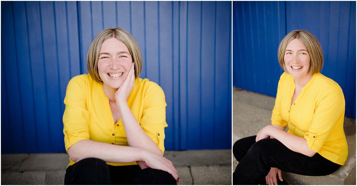 happy branding photo yellow top blue door