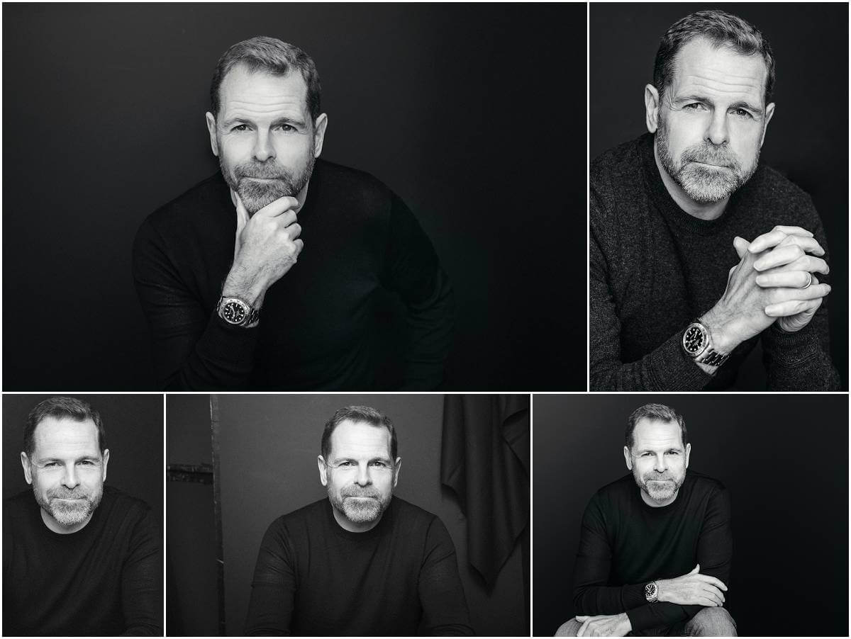 Black and white professional portraits of a man looking confident