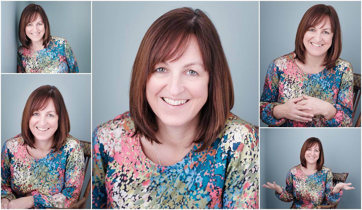 Branding photos of a Confident joyful professional smiling against a blue wall